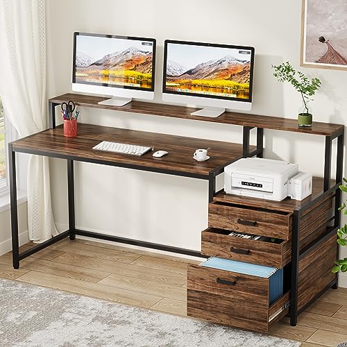 Tribesigns 63 Inch Computer Desk with File Drawer Cabinet, Ergonomic Desk - color: Rustic Brown