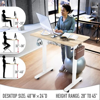 SHW Mobile Electric Height Adjustable Standing Desk w/Drawer, Maple | 40" Wide Top | w/ Memory Presets and Cable Management | Drawer with adjustable compartments | Hanging Hooks - color: Maple