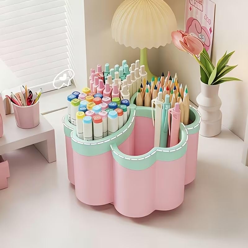 Pen Holder Desk Organizer,360°Rotating Pencil Pen Holder,Large Capacity Desk Storage for Office Home Supplies,Pink - color: pink