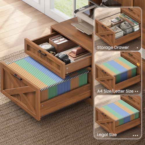 SEDETA Farmhouse 68" L Shaped Office Desk with Hutch, Storage Drawers - color: Brown, size: 68 inches