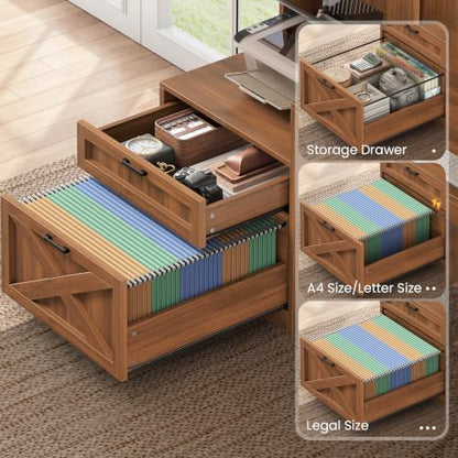 SEDETA Farmhouse 68" L Shaped Office Desk with Hutch, Storage Drawers - color: Brown, size: 68 inches