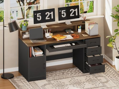 RALGEND 55" Office Desk with Drawers, Farmhouse Executive Desk with Drawers - color: Black, Walnut