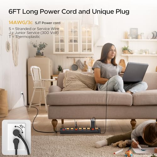 CRST 8-Outlet Metal Power Strip with Individual Switches, 15A/1875W, 6FT | 1.77" Wide Spacing for Bulky Plugs, 1200J Surge Protector Power Strip with Mounting Brackets for Home/Workshop/Garage/School - size: 8 Outlet+6FT