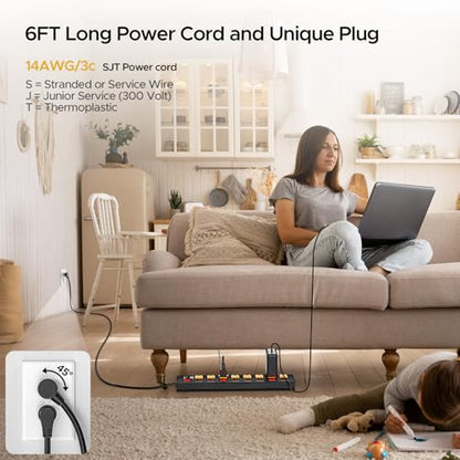 CRST 8-Outlet Metal Power Strip with Individual Switches, 15A/1875W, 6FT | 1.77" Wide Spacing for Bulky Plugs, 1200J Surge Protector Power Strip with Mounting Brackets for Home/Workshop/Garage/School - size: 8 Outlet+6FT