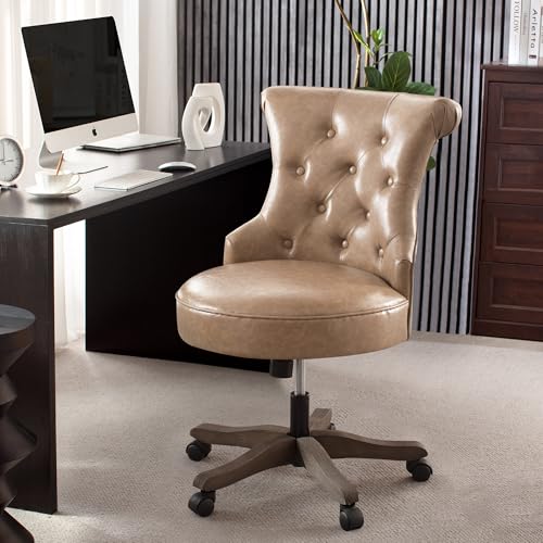 HUIMO Home Office Chair Upholstered Faux Leather PU Armless Desk Chair with Wheels Adjustable Height Computer Desk Chair with Wooden Legs Comfortable Swivel Chair for Study Studio (Light Brown) - color: Light Brown