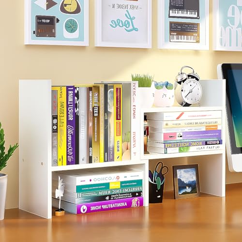 Desktop Shelf Organizer, Adjustable Wood Office Storage Rack, Counter Display Small Bookshelf for Home/Office/School(White) - color: White