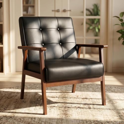 Black Faux Leather Modern Chairs with Solid Wood Frame for Living Room | AODAILIHB Upholstered Lounge Office Couch with Thick Cushion, Single Leather Sofa for Waiting Room/Dorm/Bedroom/Lobby - size: 1 chairs