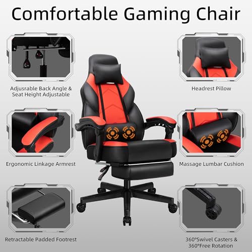 Gaming Chair with Footrest, Massage Lumbar Support, Height Adjustment, and 360° Swivel Seat. Ergonomic Design for Gaming - color: Red