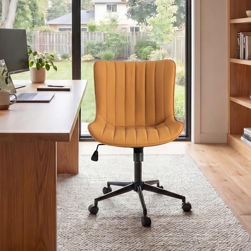 YOUNIKE Office Desk Chair with Wheels Armless Vanity Chair Modern Tan | Faux Leather Upholstered with Rocking Back, Swivel Height Adjustable Small Cute Computer Rolling Task Chair Ergonomic 300lb - color: Tan, size: Base Black