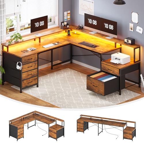 SEDETA L Shaped Computer Desk with 6 Drawer, File Drawer & Power Outlet - color: Rustic Brown