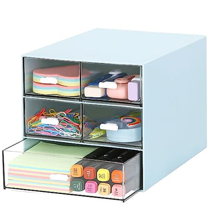 Desk Organizer with 5 Drawers, Rectangular Office Stationery Supplies Desktop Drawers, Plastic Makeup Storage, Suitable for Office, School, Home (Blue & 5 Drawers) - color: Blue & 5 Drawers