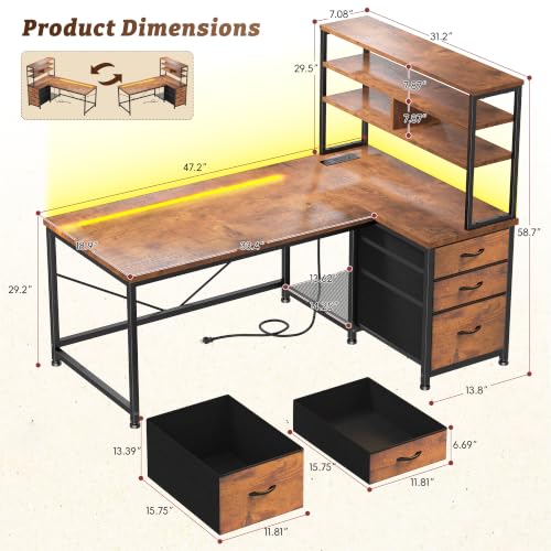 DurayLoly Computer Desk with 3 Drawers & Shelf for Bedroom & Home Office - color: Brown, size: 18.9"D x 47.2"W x 59"H