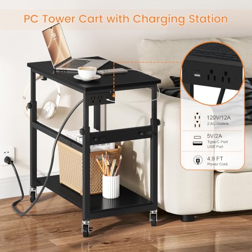 Snughome Oversized Computer Tower Stand with Extended Top & Charging Station, 25.2''-36.2'' Height-Adjustable PC Tower Stand, Rolling CPU Cart with Lockable Wheels for Office Home Gaming - size: 27.56" L x 15.75" W x 36.22"