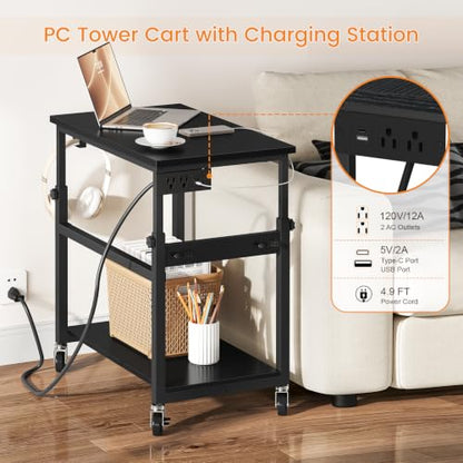 Snughome Oversized Computer Tower Stand with Extended Top & Charging Station, 25.2''-36.2'' Height-Adjustable PC Tower Stand, Rolling CPU Cart with Lockable Wheels for Office Home Gaming - size: 27.56" L x 15.75" W x 36.22"