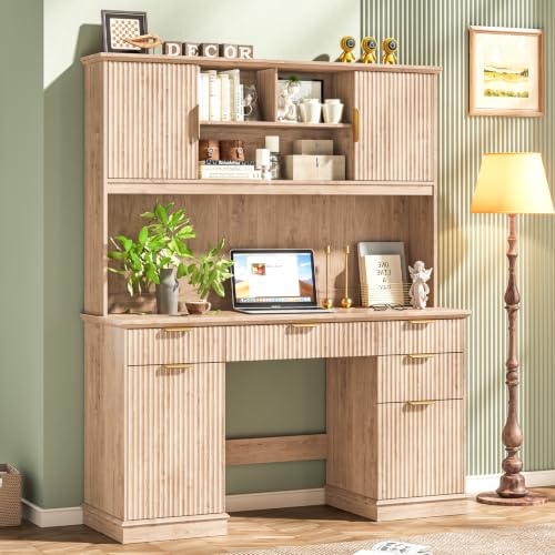 Vabches Farmhouse Executive Desk with 5 Drawers & 3 Storage Cabinets,Oak - color: Oak, size: Barn Doors