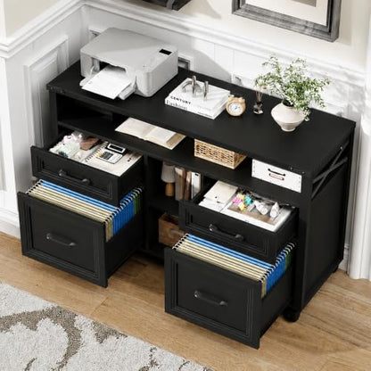 Halitaa Farmhouse Filing Cabinet with Adjustable Shelf & Wheels, Pure Black - color: Pure Black, size: 4 Drawers&Wheels