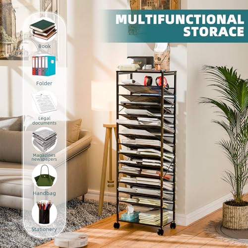 Ekisemio 15 Tier Rolling File Cart, Sturdy and Durable Desk File Organizer with Metal Mesh Letter Tray, Heavy-Duty Rolling Clutter Cart for Office, Home, School, Black