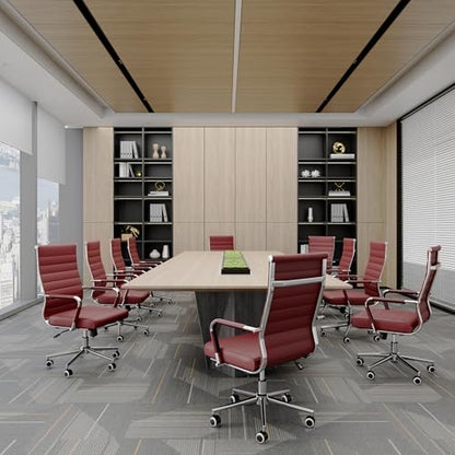 Red Office Desk Chair, Ergonomic Leather Modern Conference Room Chairs, Executive Ribbed Height Adjustable Swivel Rolling Chair for Home Office. (Red) - color: Red