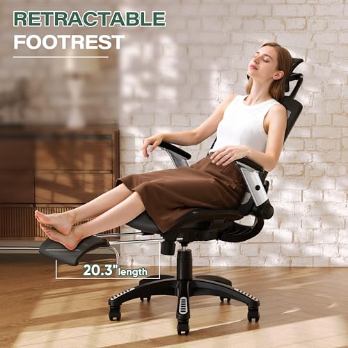 GABRYLLY Ergonomic Office Chair with Footrest, High Back Home Desk Chair - 3D Headrest, Flip-Up Arms, 135° Tilt and Wide Cushion, Heavy Duty Mesh Chairs for Task Computer Gaming, GYB01-FT - color: Obsidian Black