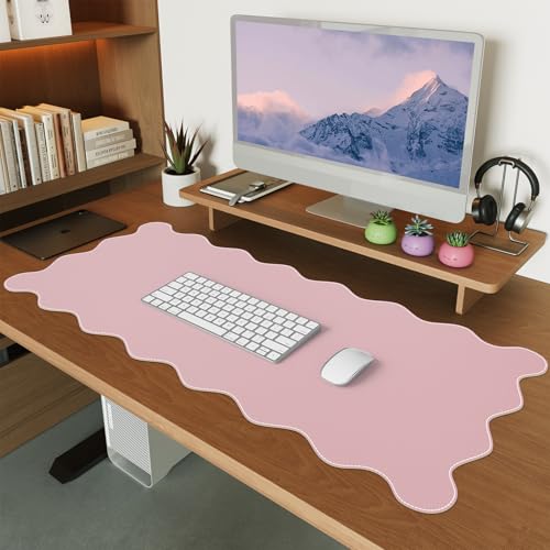 iCasso Pink Leather Desk Mat,Extra Large Scalloped Mouse Pad for Desktop, Back to School Waterproof PU Nail Table Mat,Cute Keyboard Mats for Women Girl,Non-Slip Desk Cover Mat for Office Home Dorm - color: Pink