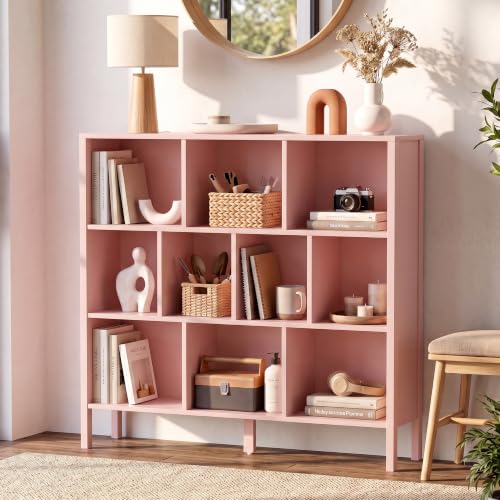 KIGOTY 10 Cube Modern Bookcase, 3-Tier Open Storage Organizer, Freestanding Bookshelf with Legs, Narrow Bookcase for Living Room, Bedroom & Office (Pink) - color: Pink