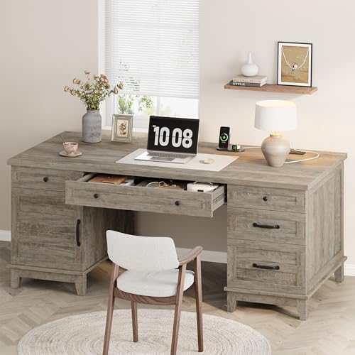 60" Traditional Home Office Desk with Power Outlets, Wooden Executive Desk with File Cabinet and Drawers, Farmhouse Wood Work Desk for Work, Study, Writing, Gray - color: Grey