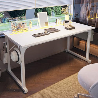 DurayLoly 55 Inch Computer Desk with Waterproof LED Lights for Bedroom - color: White, size: 55 Inch