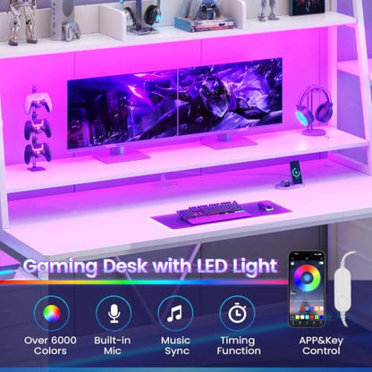 SEDETA Gaming Desk with LED Lights, 8 Drawers and Storage Shelves, White - color: White With Drawers, size: 78.8 inches