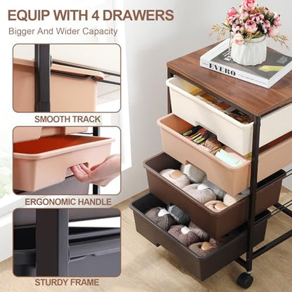 SYKIARIOL Utility Cart with 4 Drawers, Brown - color: Dark Brown, size: 4 Drawers