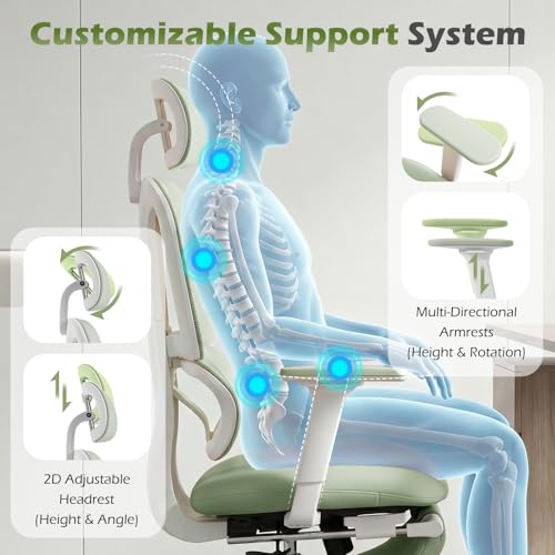 Ergonomic Office Chair with Footrest and Dynamic Lumbar Support, Green | Reclining high-back computer chair, memory foam seat, 2D armrests, 2D headrest, mesh desk chair for home office, long hours - color: Green