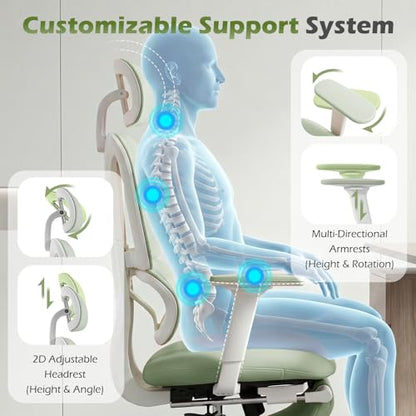 Ergonomic Office Chair with Footrest and Dynamic Lumbar Support, Green | Reclining high-back computer chair, memory foam seat, 2D armrests, 2D headrest, mesh desk chair for home office, long hours - color: Green