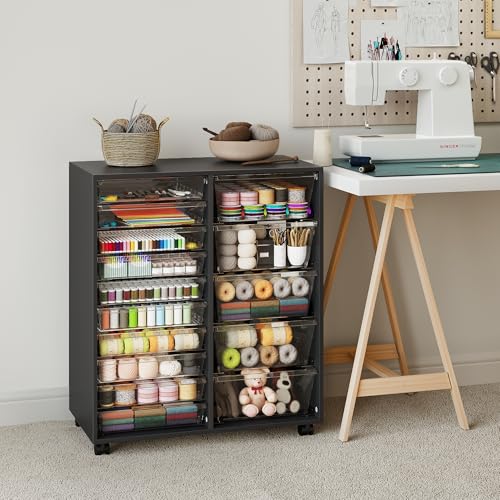 WOPITUES Mobile Storage Cabinet with 15 Clear Drawers, Modern Black | Craft Cabinet with 5 Large Drawers, Cart with Wooden Tabletop, Printer Stand Home Office, Dresser Chest - color: Black, size: 10M+5L