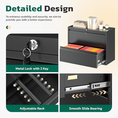 Greenvelly Lateral File Cabinet 2 Drawer, Black File Cabinet with Lock, Lockable Metal Filing Cabinet for Home Office, 2 Drawer File Cabinet for A4 & Letter Size Hanging Folders