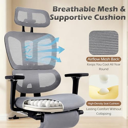 Ergonomic Office Chair with Footrest and Dynamic Lumbar Support, Grey | Reclining high-back computer chair, memory foam seat, 4D armrests, 2D headrest, mesh desk chair for home office, long hours - color: Dark Grey