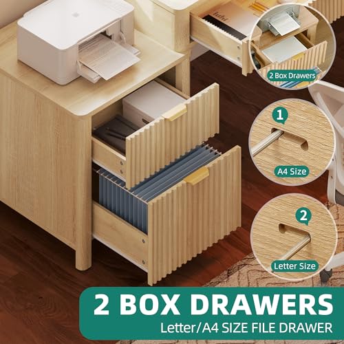 YITAHOME L Shaped Desk with Hutch & Drawers, Natural Oak, 67" | Computer Desk Gaming Desk, Power Outlets & LED Lights, Wood Home Office Desk with Printer Stand