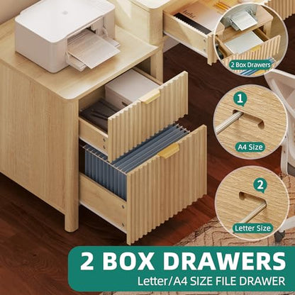 YITAHOME L Shaped Desk with Hutch & Drawers, Natural Oak, 67" | Computer Desk Gaming Desk, Power Outlets & LED Lights, Wood Home Office Desk with Printer Stand