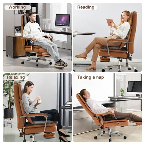 Furniliving Big and Tall Office Chair with Footrest, PU Leather High Back Executive Office Chair with Adjustable Lumbar Support, Wide Seat Reclining Desk Chair with Armrest, Height Adjustment, Black