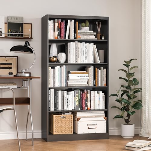 OSEILLC Bookcase,5 Tier Black Bookshelves,55" Tall Free Standing Metal Bookcase with Adjustable Storage Shelves, Wide Bookshelf for Bedroom Living Room Home Office School (Black) - color: Black, size: 55"H*27.5"W