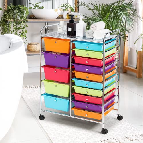 COSTWAY 15 Drawer Rolling Storage Cart, Mobile Utility Cart with Lockable Wheels, Drawers, Multipurpose Organizer Cart for Home, Office, School, Multicolor - color: Multicolor