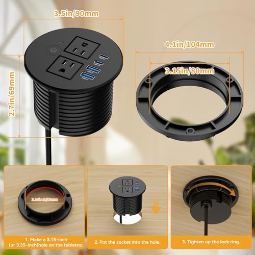 3-1/8" Desktop Power Grommet, Overload Switch, USB C PD 20W, 2 AC Outlets | Recessed Flush Mount Desk Power Grommet for Home Office Furniture, Black - size: 3-1/8" Hole