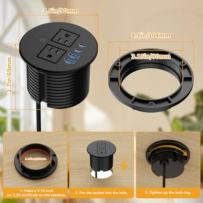 3-1/8" Desktop Power Grommet, Overload Switch, USB C PD 20W, 2 AC Outlets | Recessed Flush Mount Desk Power Grommet for Home Office Furniture, Black - size: 3-1/8" Hole