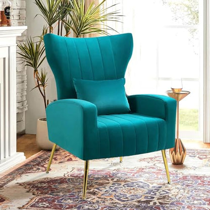 Velvet Accent Chairs Set of 2, Modern Arm Chair with Wingback & Gold Metal Legs for Living Room, Bedroom, Waiting Room, Lumbar Pillow Included, Dark Teal - color: Teal, size: 2PCS with Channel Tufted