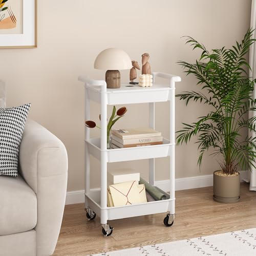 MIOCASA Utility Rolling Cart with Cover Top Board, 3-Tier Kitchen Storage Organization, Art Cart with Wheels for Office, Classroom, Living Room, Kitchen, Bathroom, White, Plastic - size: 3-Tier, style: White