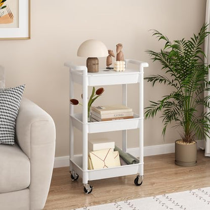 MIOCASA Utility Rolling Cart with Cover Top Board, 3-Tier Kitchen Storage Organization, Art Cart with Wheels for Office, Classroom, Living Room, Kitchen, Bathroom, White, Plastic - size: 3-Tier, style: White