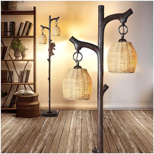 Scenekoy 68" Tall Floor Lamp with Wicker Drum Shade, Foot Switch Dimming | Tree Trunk Dark Finish, Resin Lamp Body, Farmhouse Rustic Standing Lamp with Bulb, Decor for Living Room Bedroom Reading Room - color: Dark Bronze