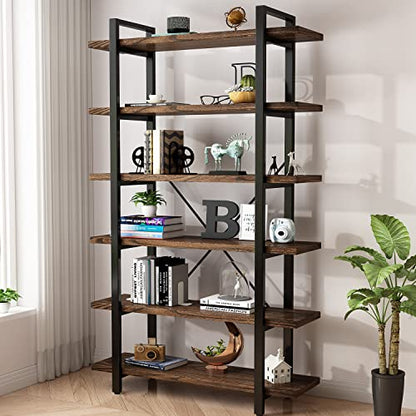 AY-AOYUAN Solid Wood Bookcase and Book Shelves Wood and Metal Shelving Unit 6 Tier Bookshelf Modern Rustic Open Bookshelf Office,Distressed Brown (AY-02-6Tier) - size: 6Tier