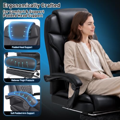 DurayLoly Big and Tall Office Chair, Retractable Footrest, 145° Recline - color: Black
