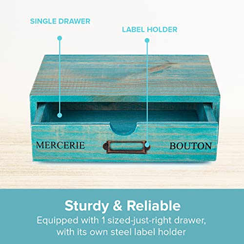 Turquoise Single Drawer Unit - European Country Style Desk Organizer Box - 9.7x7x2.6 Teal Wooden Stackable Drawer - Countertop Organizer Drawer w/Label Holder - Single Monitor Shelf - style: 1 Drawer I 2.6"