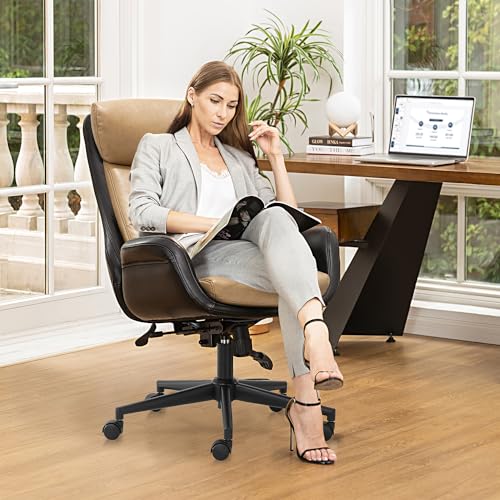 Glitzhome High Back Office Chair,Modern Ergonomic Swivel Office Chair,Adjustable Home Office Desk Chair with Lumbar Support,Black & Camel - color: Black & Camel