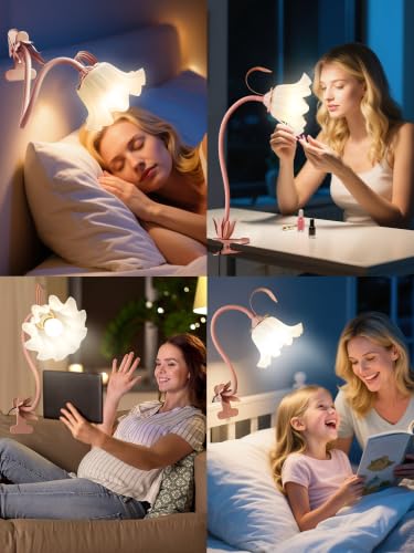 Desk Lamp Flower Clip on Light,3 Color Modes Book Light Flexible Gooseneck LED Reading Light with Clamp Eye-Care Clip on Lamp for Bed Headboard Study Office Dorm (Pink Lamp) - color: Pink Lamp